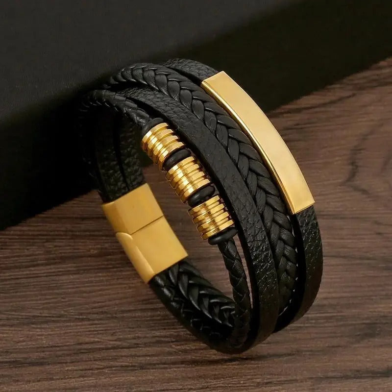 Boaz herenarmband gevlochten leer goudkleurig