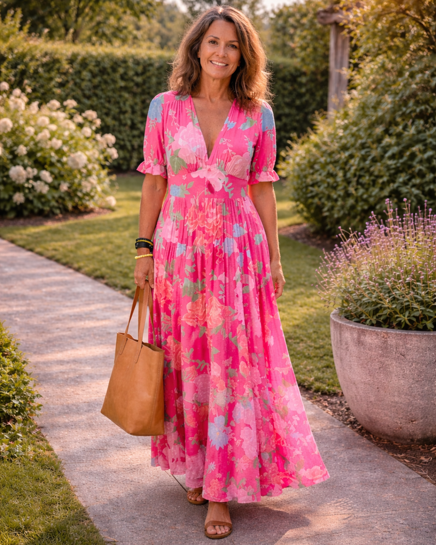 Ione | Mouwloze midi-jurk met bloemen en V-hals