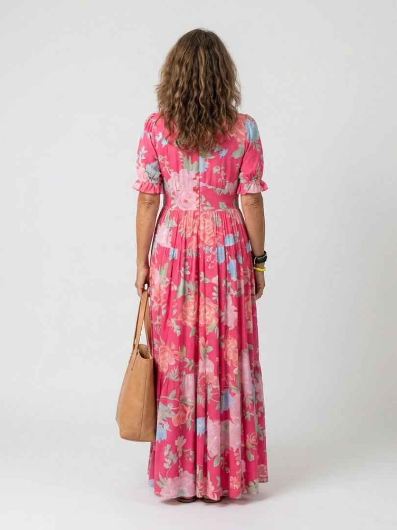 Ione | Mouwloze midi-jurk met bloemen en V-hals