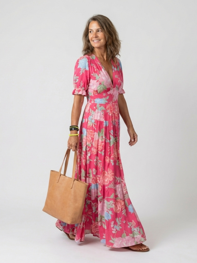 Ione | Mouwloze midi-jurk met bloemen en V-hals