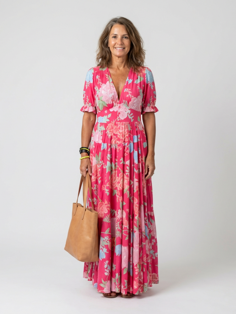 Ione | Mouwloze midi-jurk met bloemen en V-hals