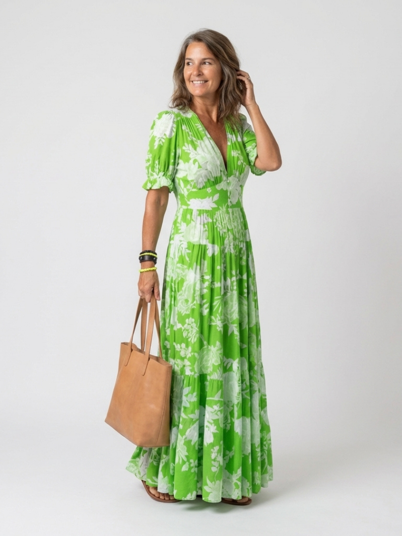Ione | Mouwloze midi-jurk met bloemen en V-hals