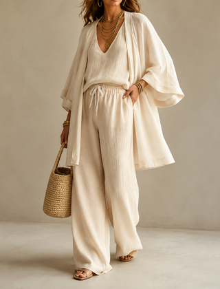 Amber | Relaxte Driedelige Set met Dekkende Broek - Abrikoos