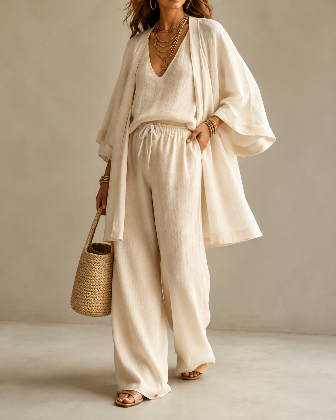 Amber | Relaxte Driedelige Set met Dekkende Broek - Abrikoos