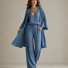 Amber | Relaxte Driedelige Set met Dekkende Broek - Blauw