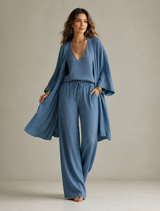 Amber | Relaxte Driedelige Set met Dekkende Broek - Blauw