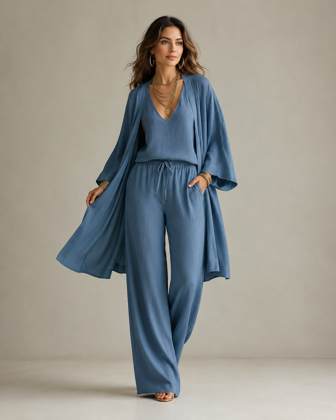 Amber | Relaxte Driedelige Set met Dekkende Broek - Blauw