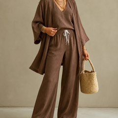 Amber | Relaxte Driedelige Set met Dekkende Broek - Bruin