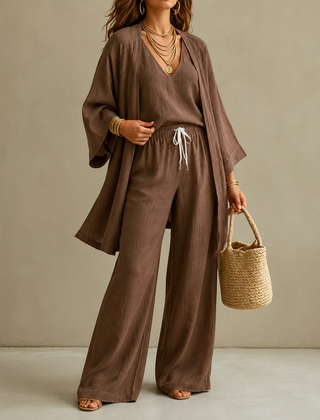 Amber | Relaxte Driedelige Set met Dekkende Broek - Bruin