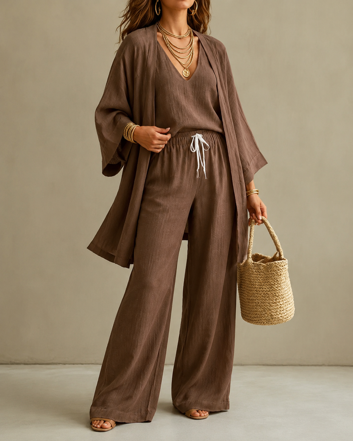 Amber | Relaxte Driedelige Set met Dekkende Broek - Bruin