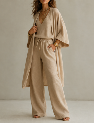 Amber | Relaxte Driedelige Set met Dekkende Broek - Kaki