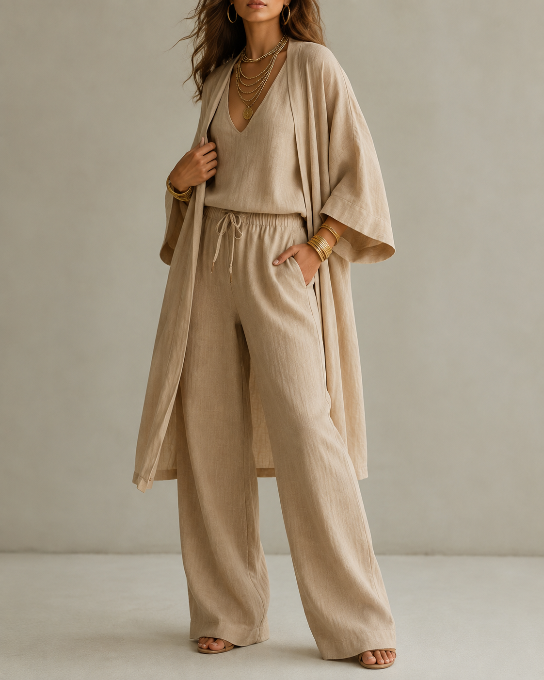 Amber | Relaxte Driedelige Set met Dekkende Broek - Kaki
