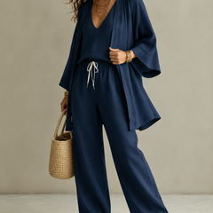 Amber | Relaxte Driedelige Set met Dekkende Broek - Marineblauw