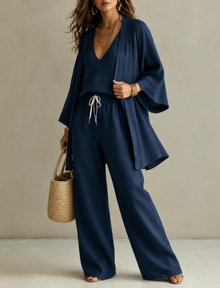 Amber | Relaxte Driedelige Set met Dekkende Broek - Marineblauw