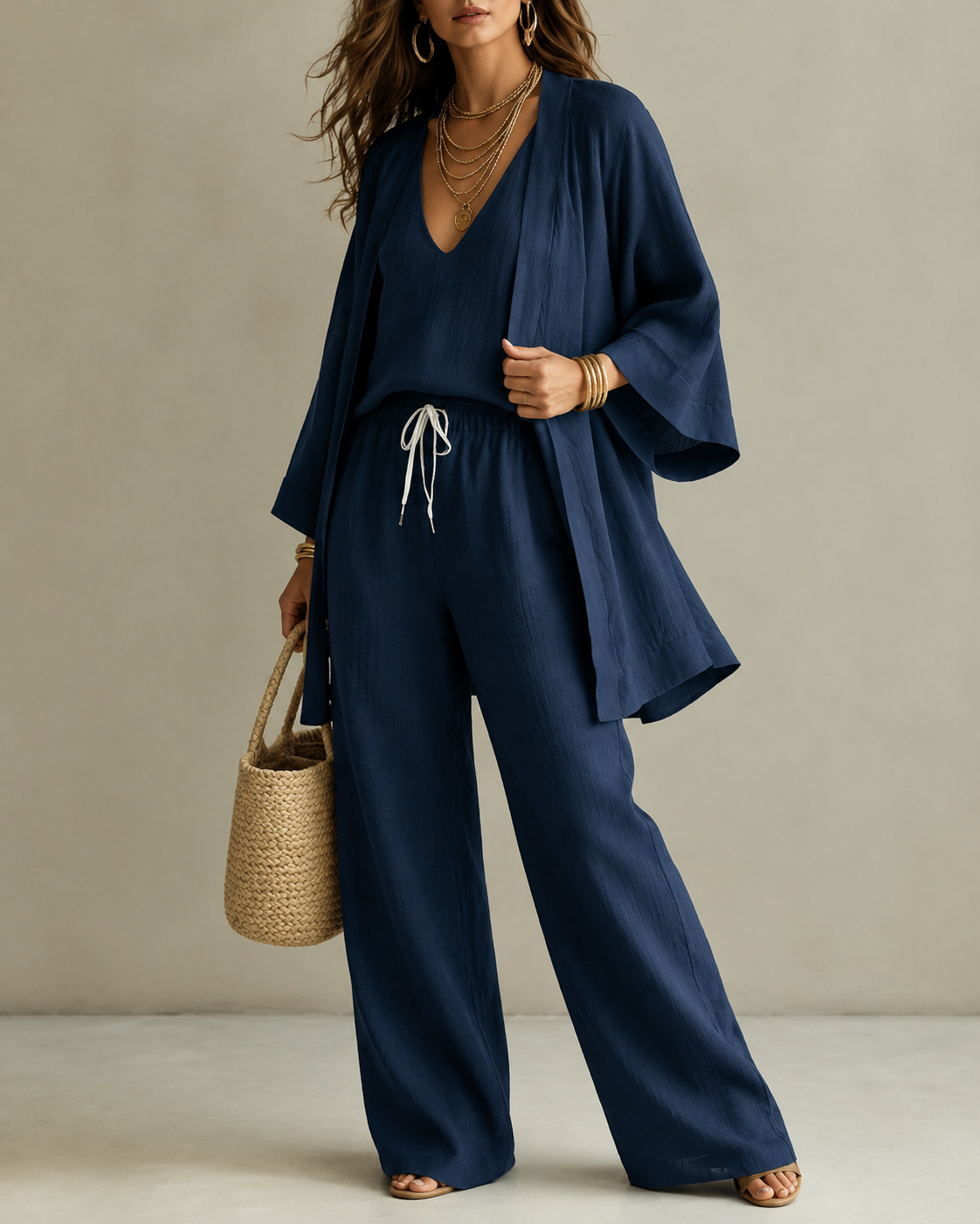 Amber | Relaxte Driedelige Set met Dekkende Broek - Marineblauw