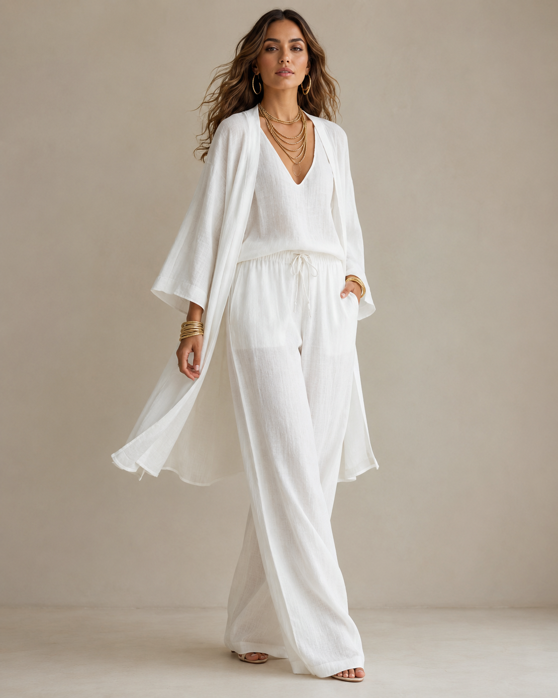 Amber | Relaxte Driedelige Set met Dekkende Broek - Wit