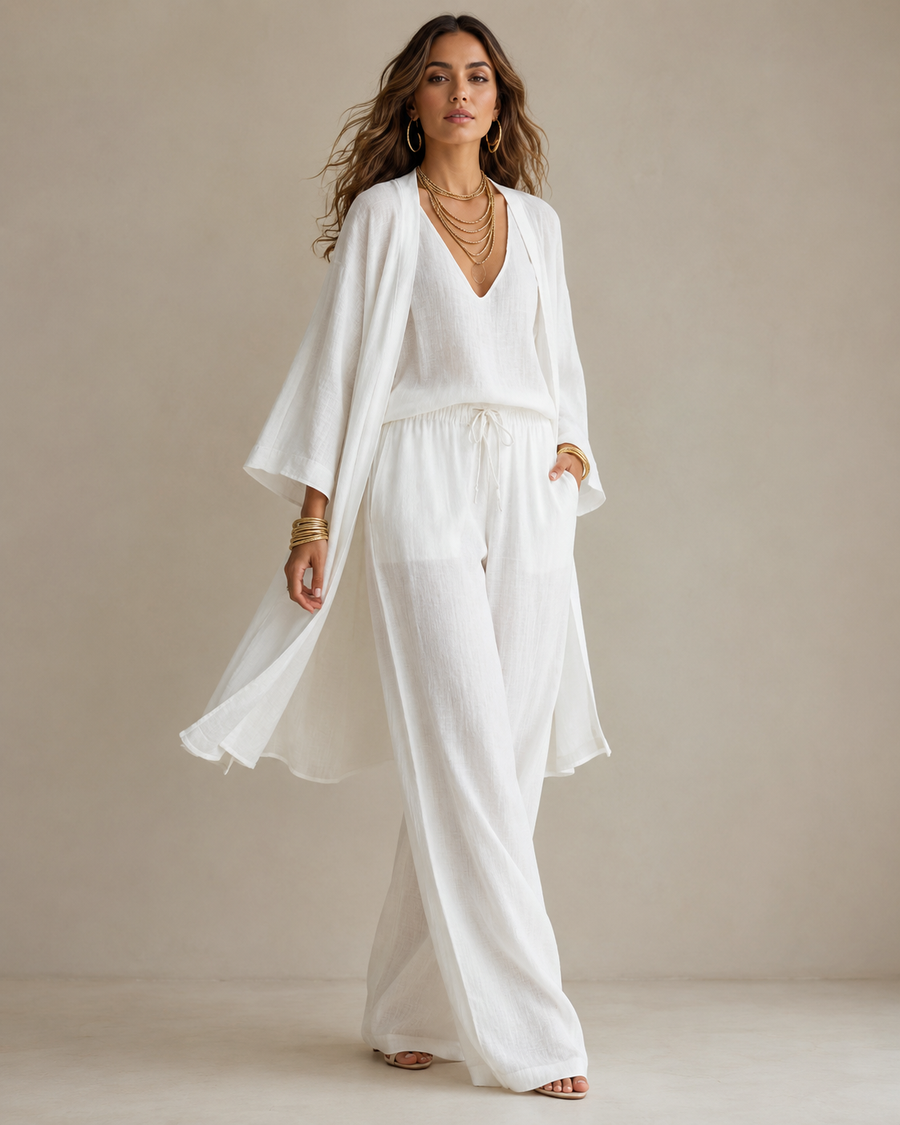 Amber | Relaxte Driedelige Set met Dekkende Broek - Wit