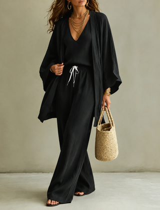 Amber | Relaxte Driedelige Set met Dekkende Broek - Zwart