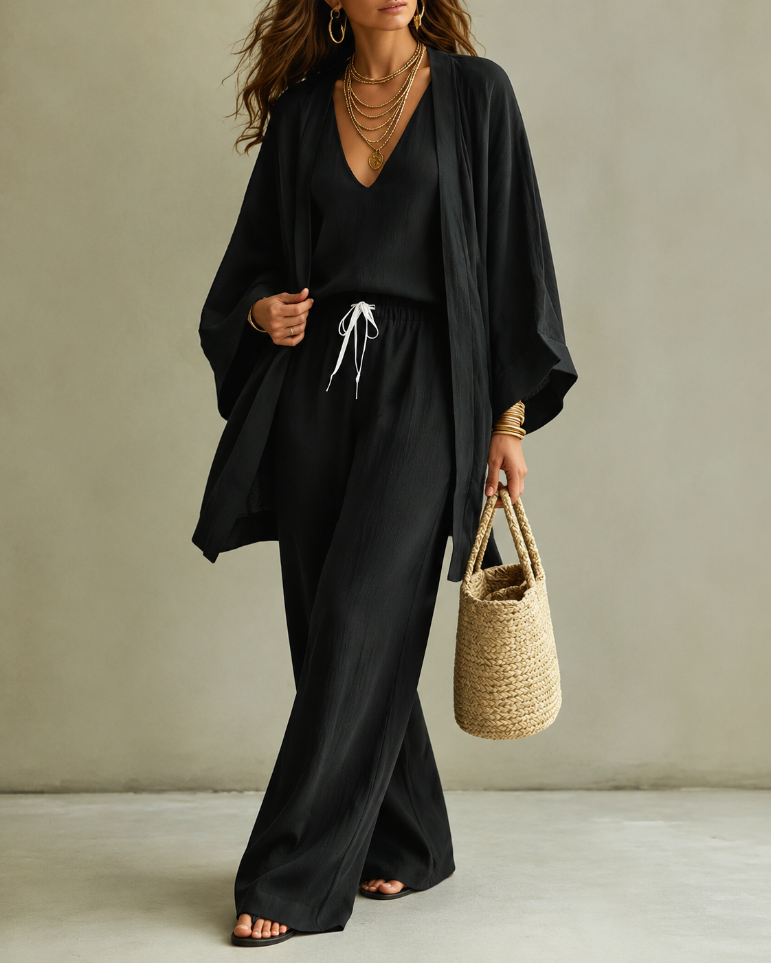 Amber | Relaxte Driedelige Set met Dekkende Broek - Zwart