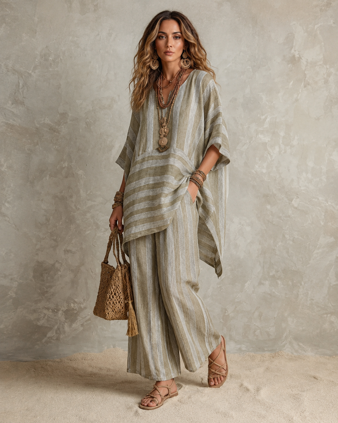 Anna | Bohemian Linnen Tweedelige Set - Kaki