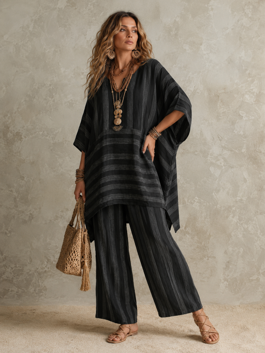 Anna | Bohemian Linnen Tweedelige Set - Zwart