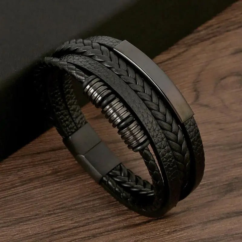 Boaz herenarmband gevlochten leer gunmetal