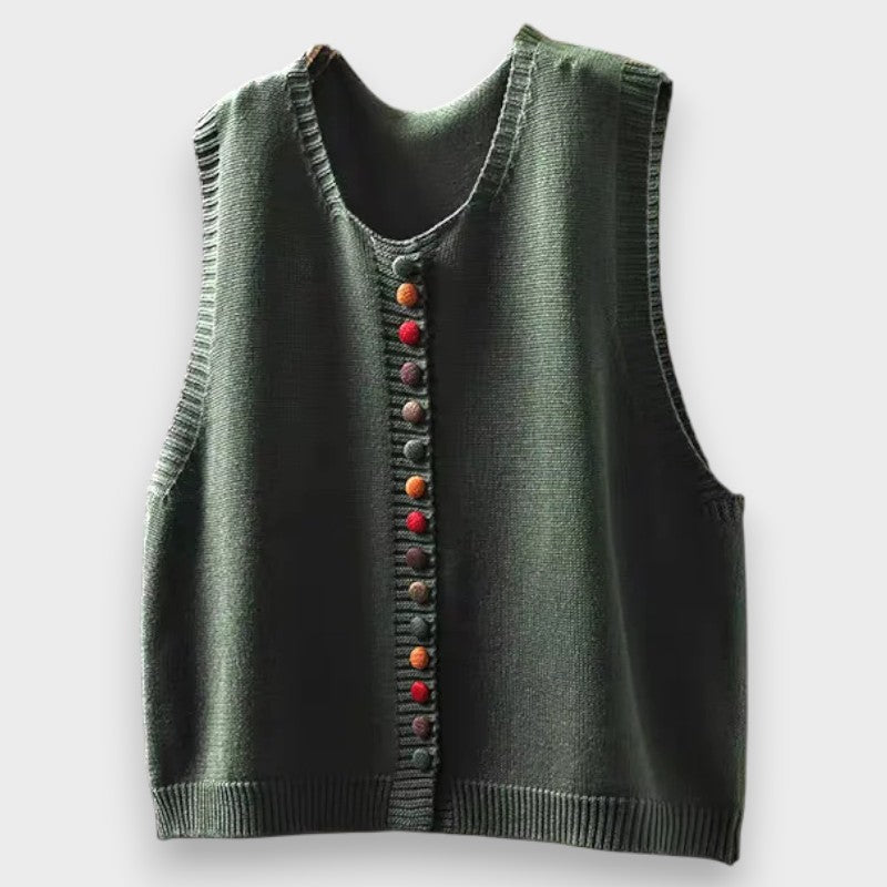 BEA | MOUWLOOS GEBREID VEST MET KLEURRIJKE KNOOPJES