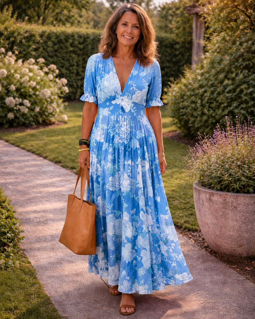 Ione | Mouwloze midi-jurk met bloemen en V-hals