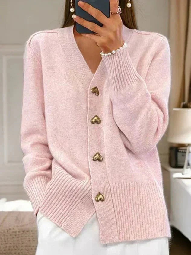 Martine | Zacht Gebreid Vest met Hartjes Knoopsluiting - Roze