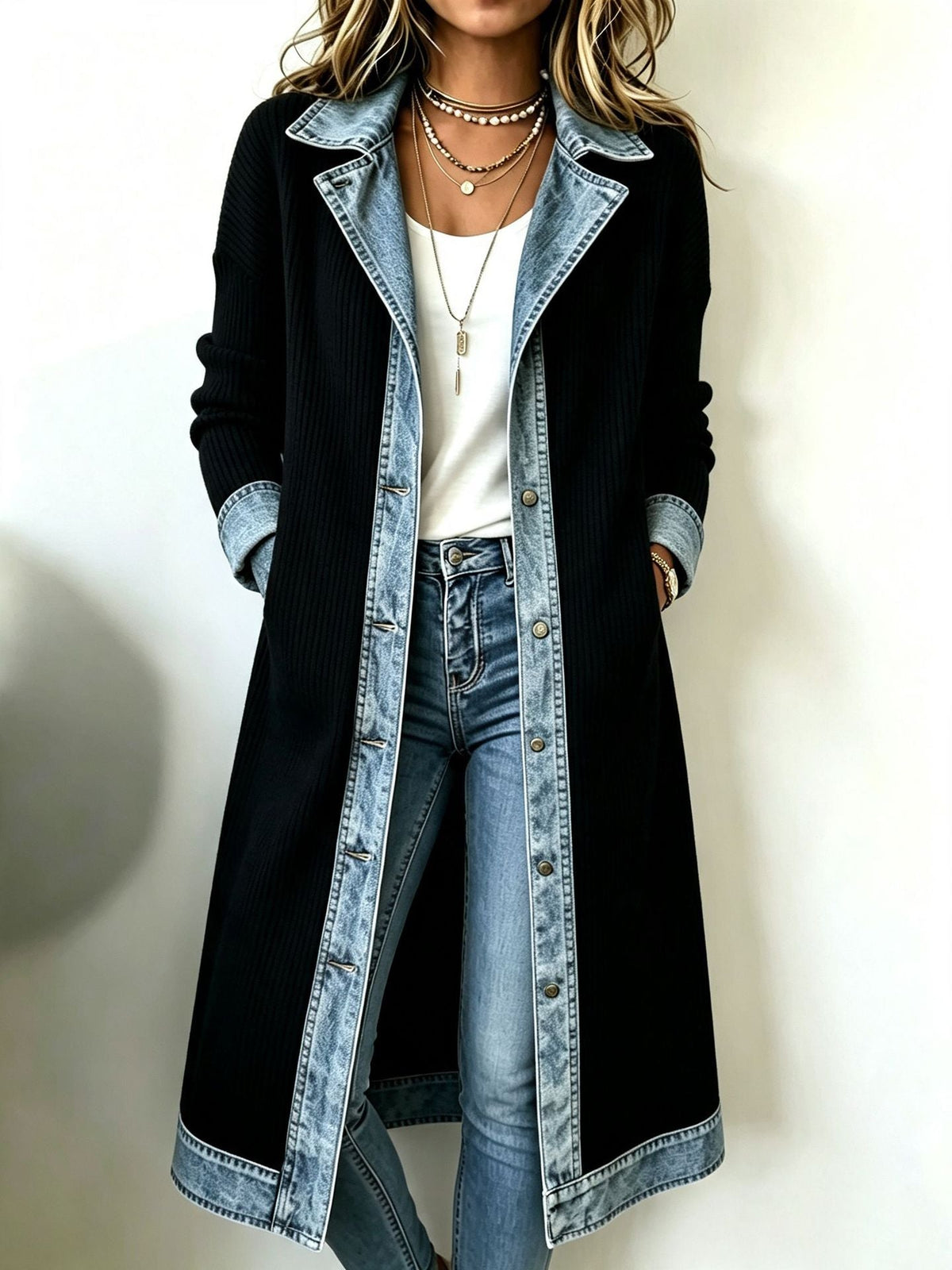 ANKE | LANG GEBREID VEST MET DENIM DETAILS