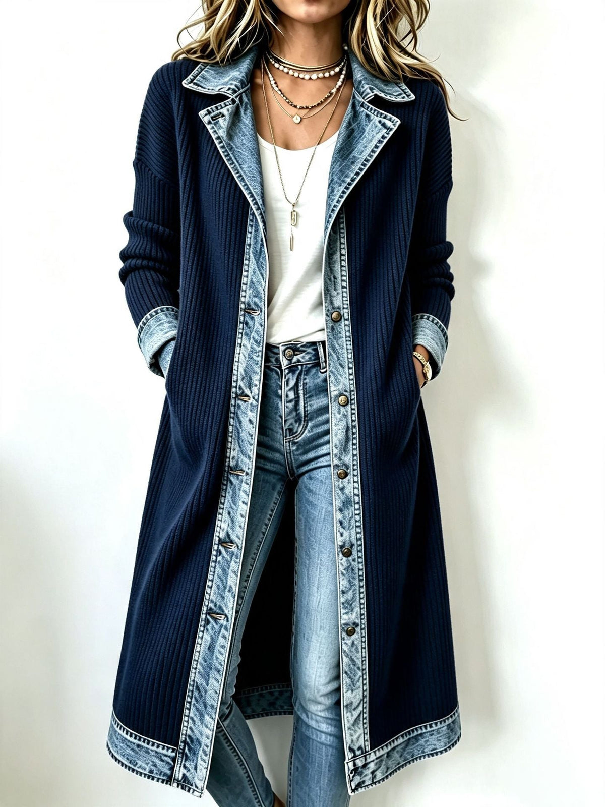 ANKE | LANG GEBREID VEST MET DENIM DETAILS