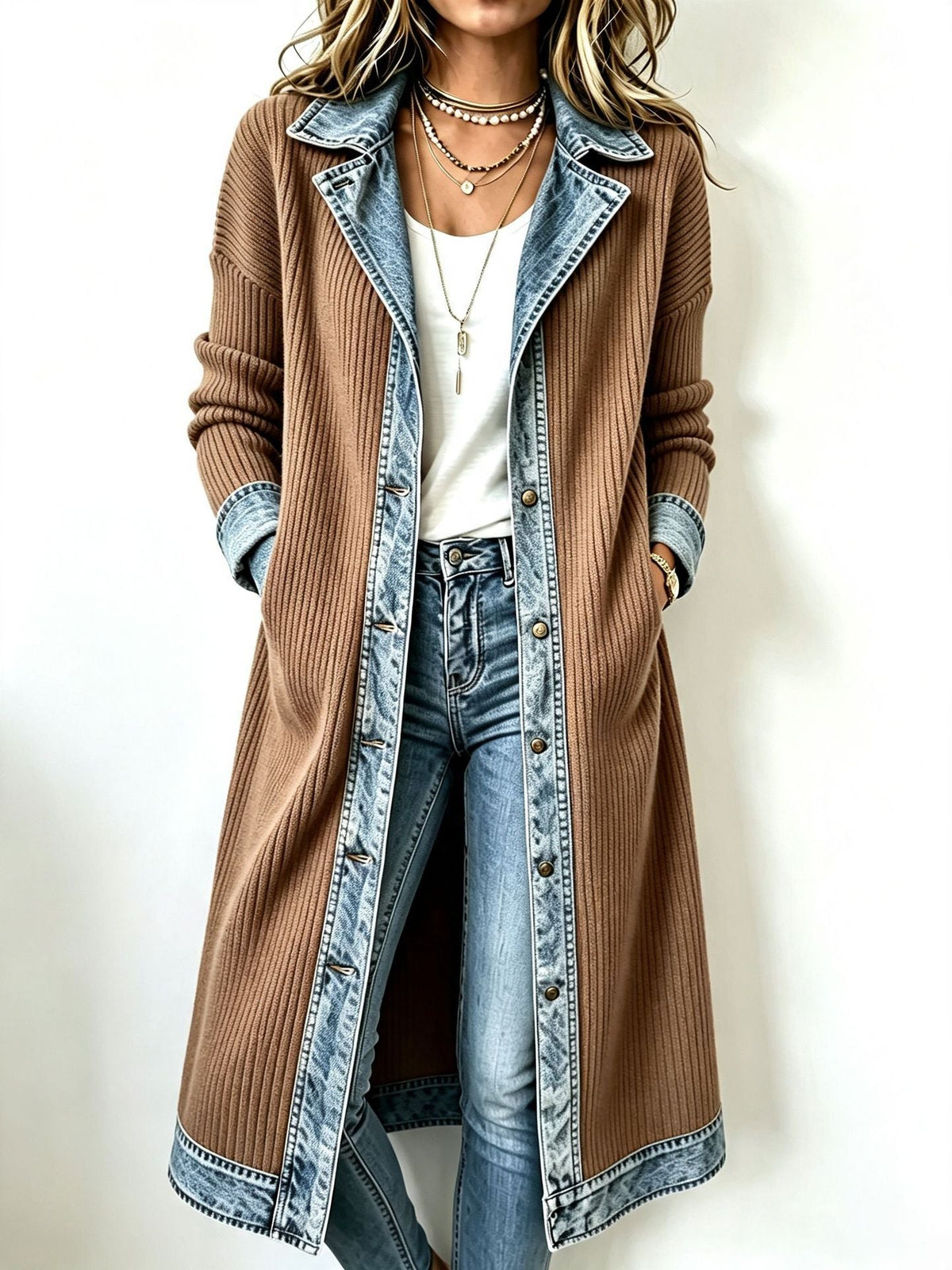 ANKE | LANG GEBREID VEST MET DENIM DETAILS