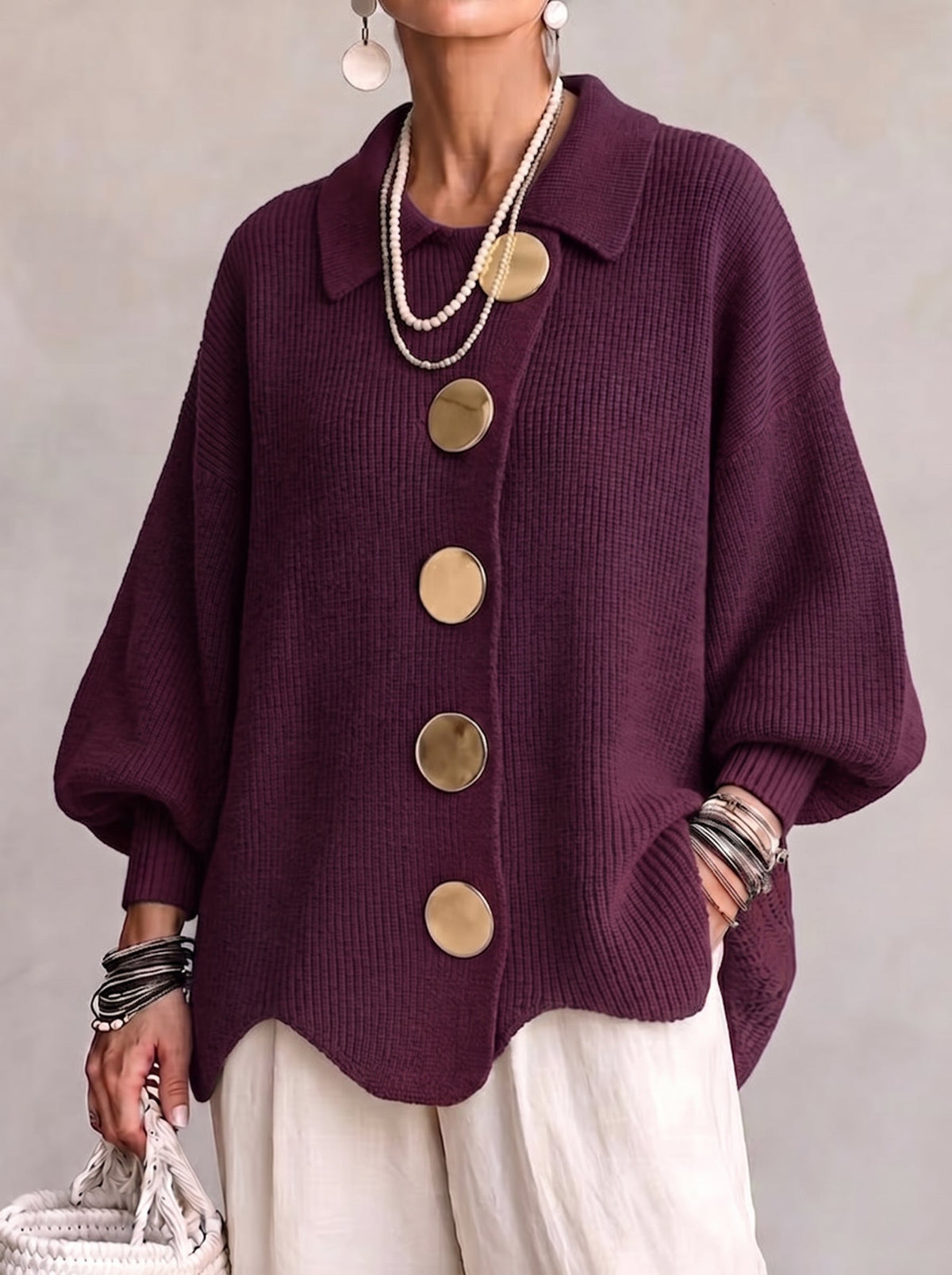 SABINE | OVERSIZED GEBREID VEST MET KRAAG EN GROTE KNOPEN
